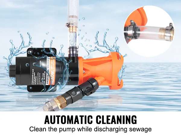 VEVOR rv macerator pump with automatic cleaning feature, water splash, and connected clear tube.
