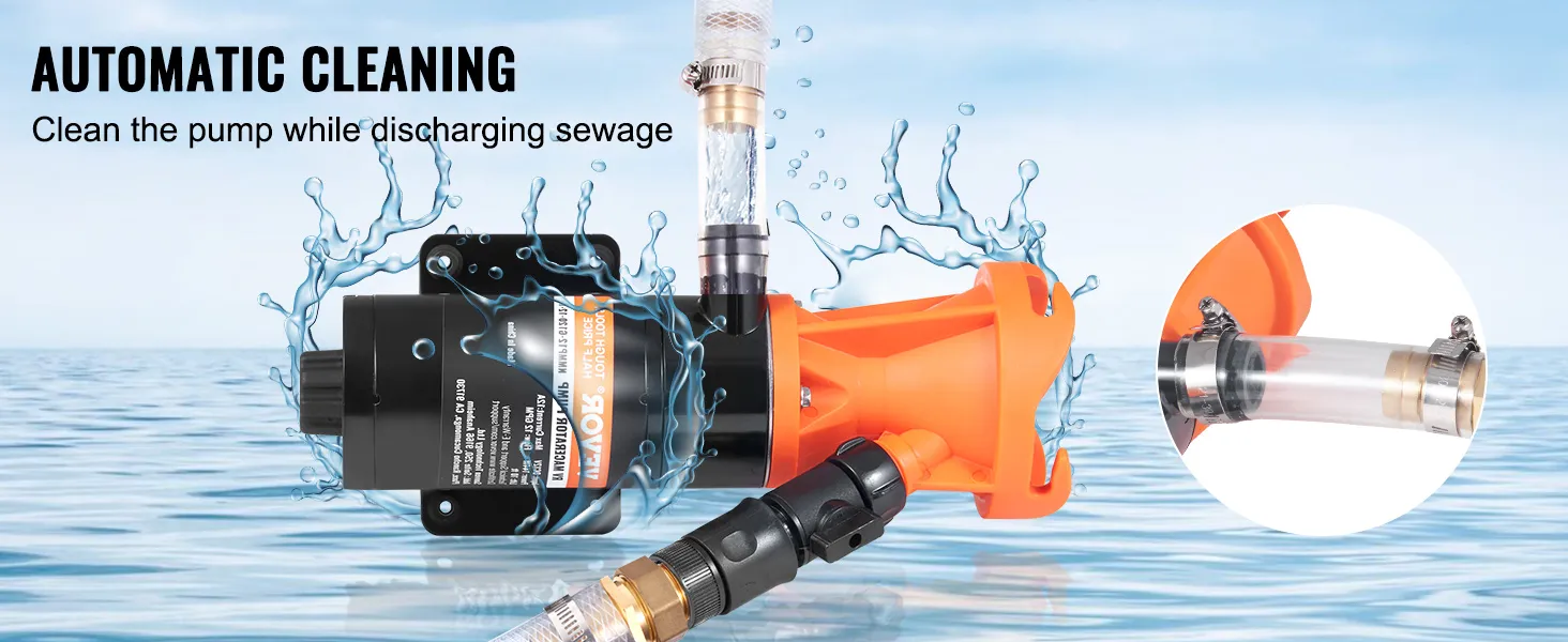 VEVOR rv macerator pump with automatic cleaning feature, water splash, and connected clear tube.