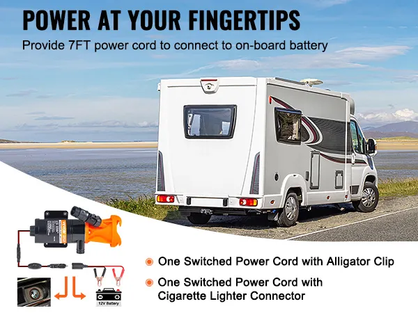 VEVOR rv macerator pump with 7ft power cord for on-board battery, showcasing motorhome and connectors.