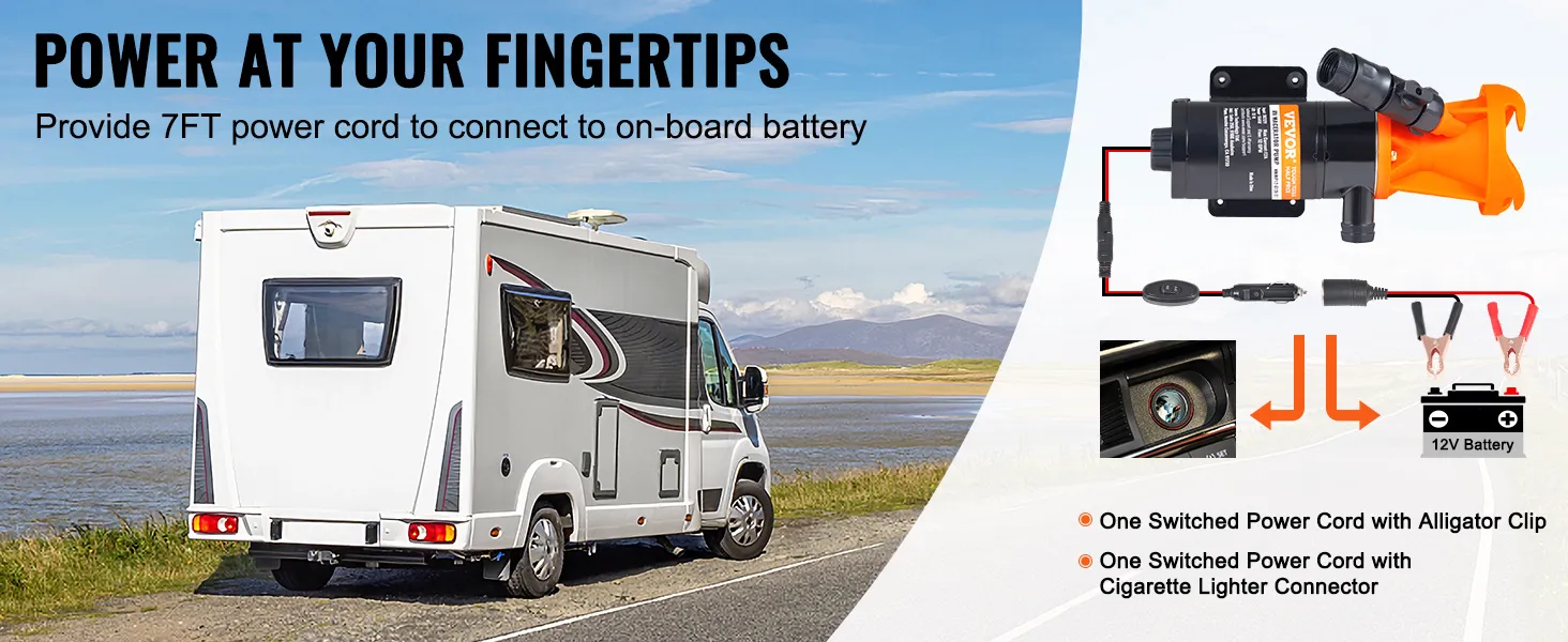 VEVOR rv macerator pump with 7ft power cord for on-board battery, showcasing motorhome and connectors.
