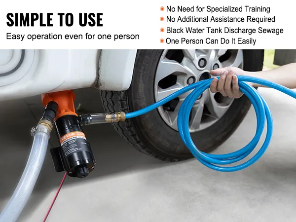 VEVOR rv macerator pump in use, simple operation, connected to hose, easy for one person.