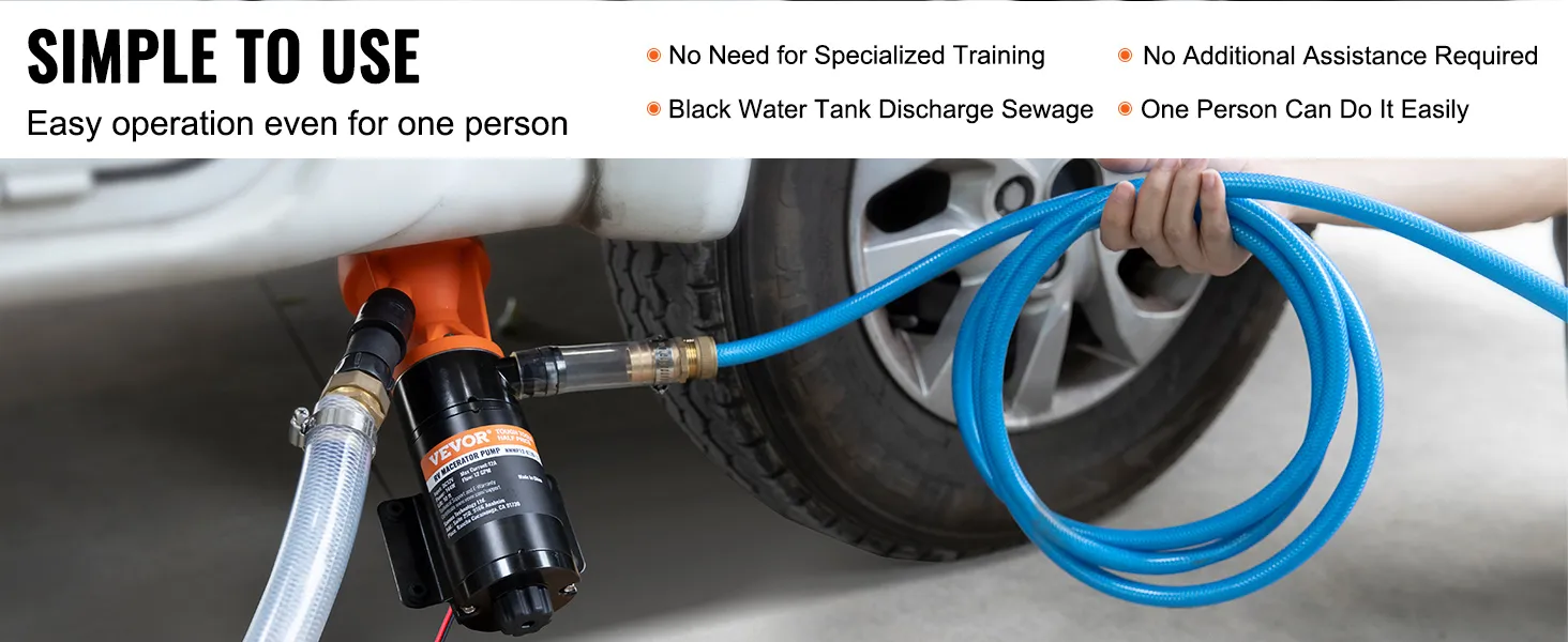 VEVOR rv macerator pump in use, simple operation, connected to hose, easy for one person.
