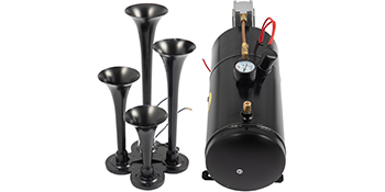 VEVOR train horn kit with four black horns and air compressor tank.