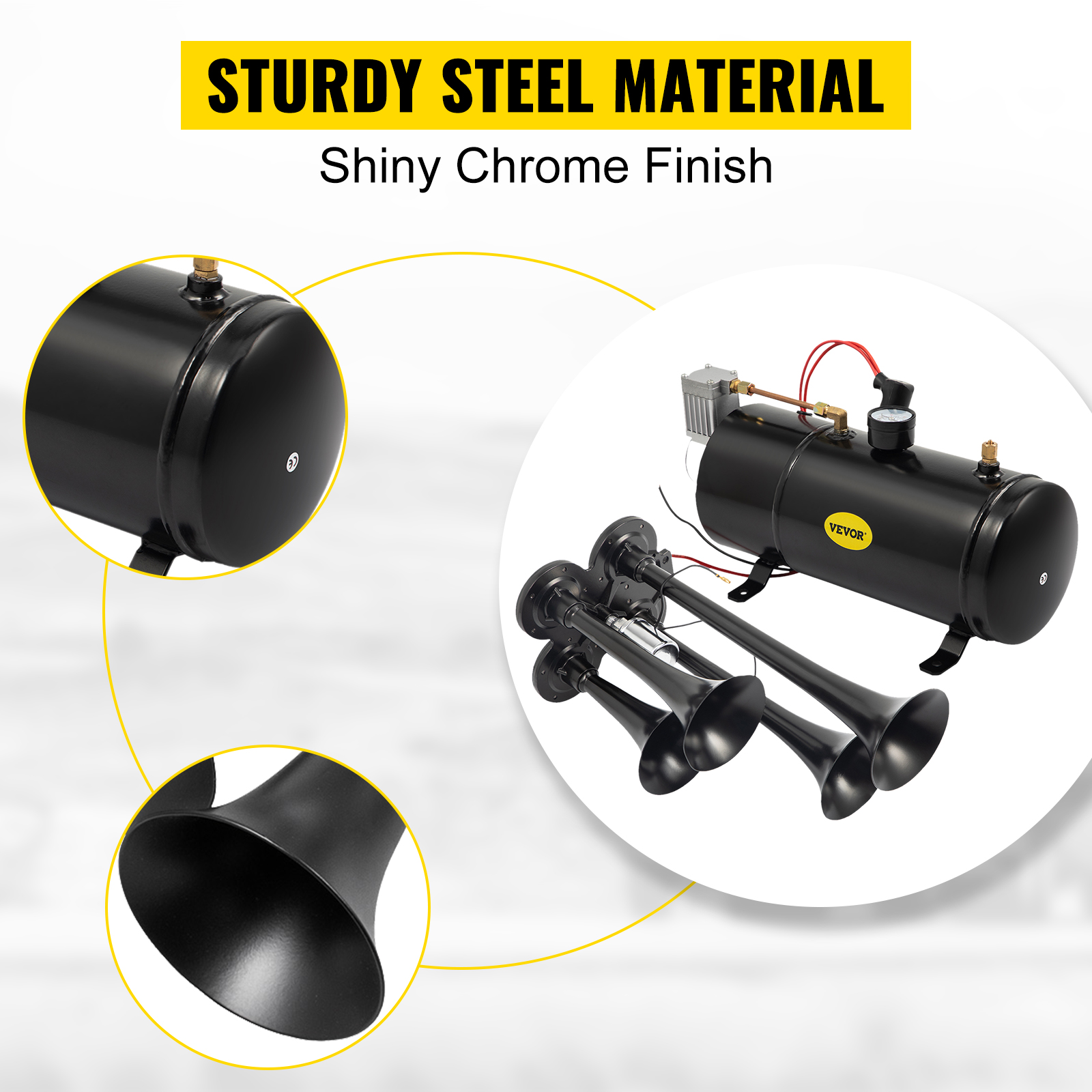 VEVOR train horn kit with sturdy steel material and shiny chrome finish.