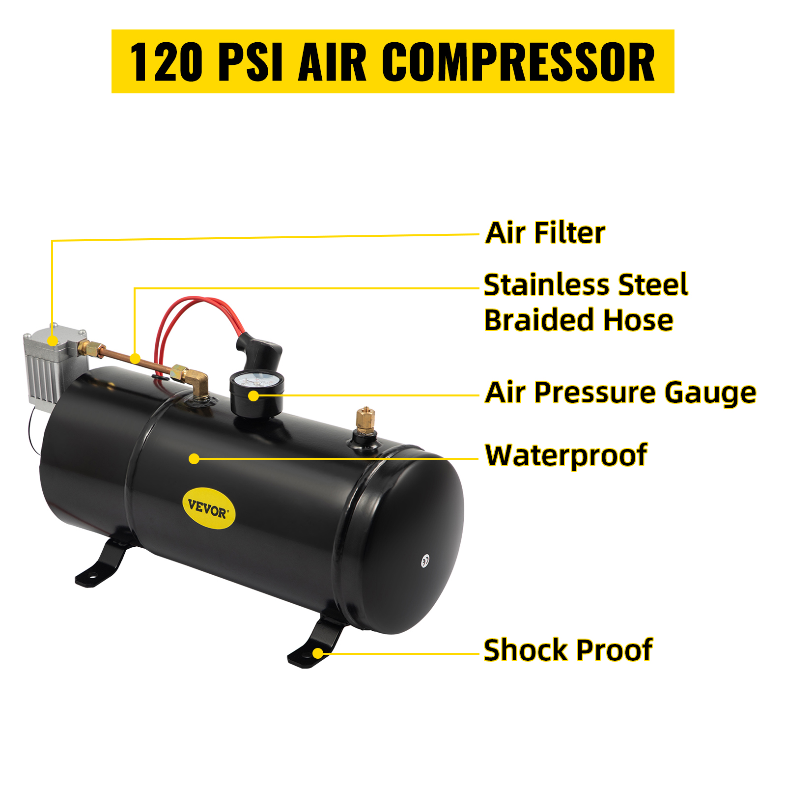 VEVOR train horn kit 120 psi air compressor with air filter and pressure gauge