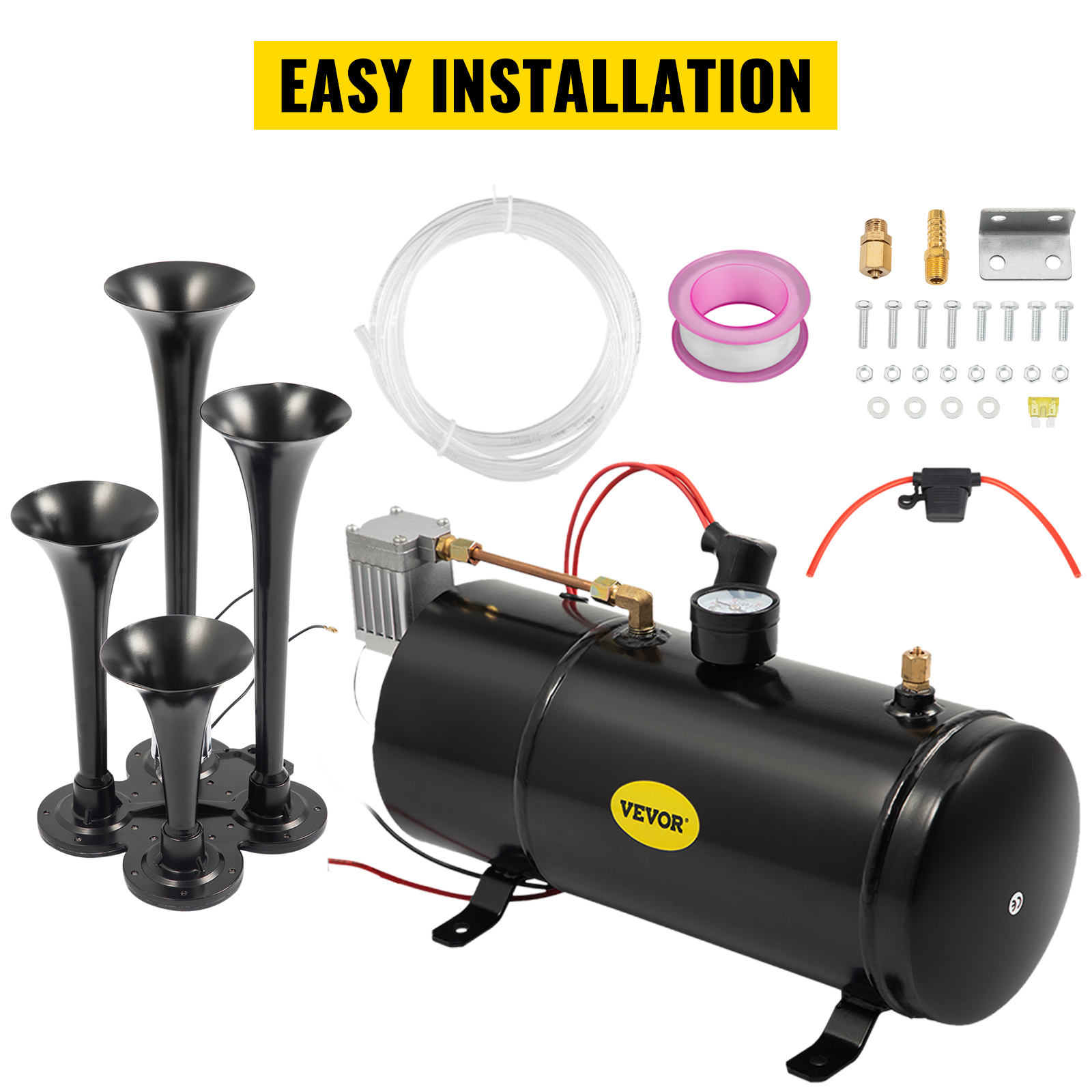 VEVOR train horn kit with air compressor, tubing, and installation accessories.