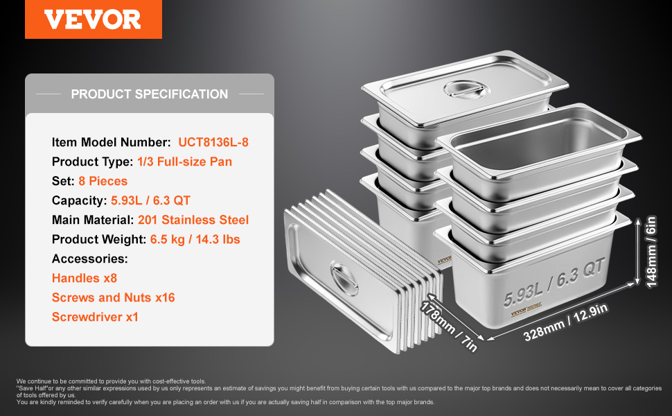 VEVOR hotel pans, 1/3 full-size, 8-piece set, 5.93l/6.3 qt capacity, 201 stainless steel, with lids.