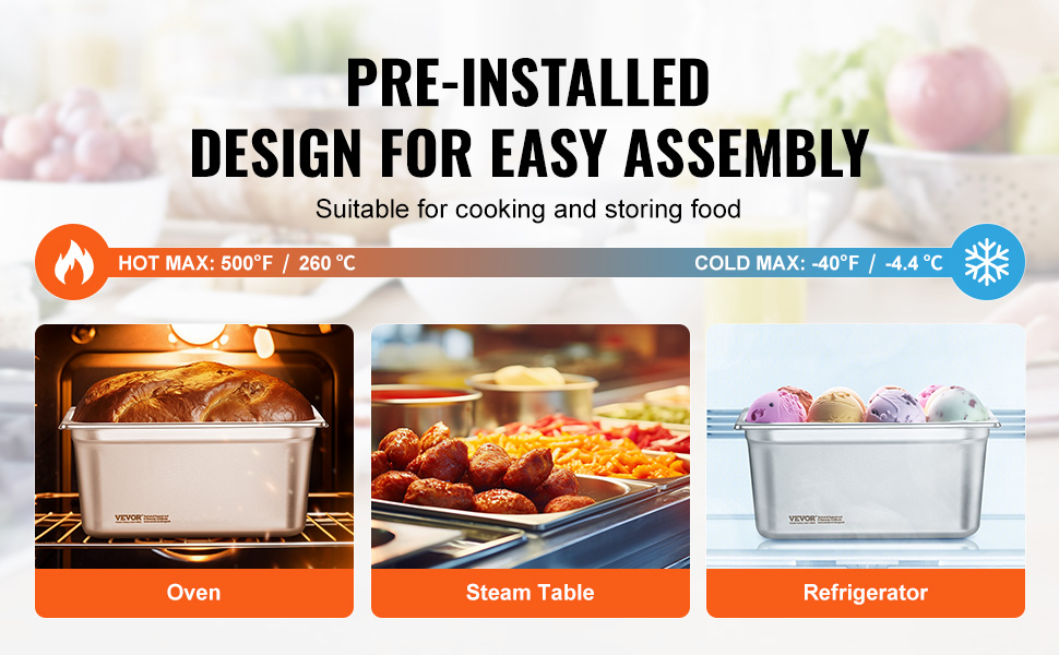 pre-installed VEVOR hotel pans for use in oven, steam table, and refrigerator. hot max: 500°f, cold max: -40°f.