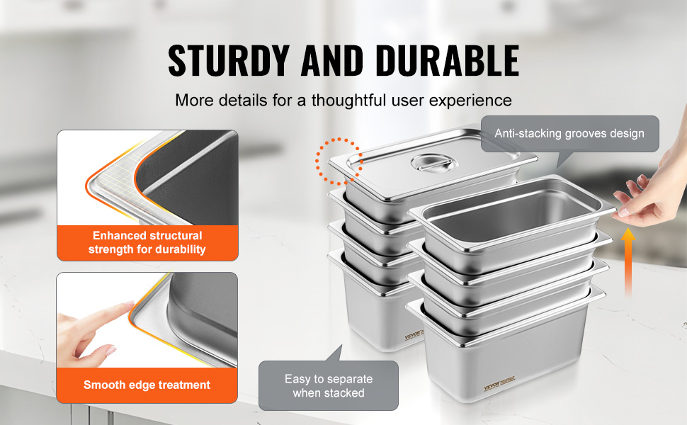 VEVOR hotel pans: sturdy and durable design with anti-stacking grooves, smooth edges, and easy separation.