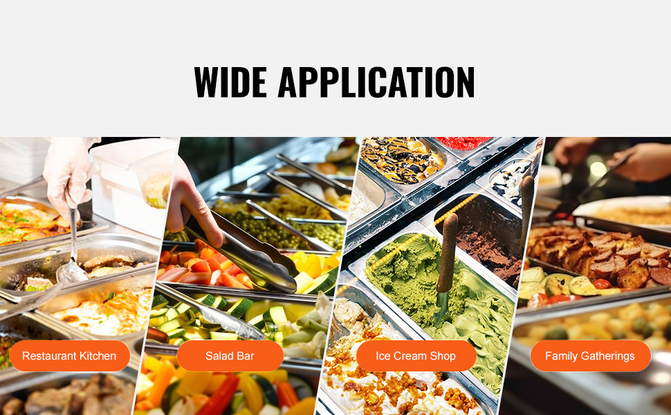 wide application of VEVOR hotel pans in restaurant kitchen, salad bar, ice cream shop, family gatherings.