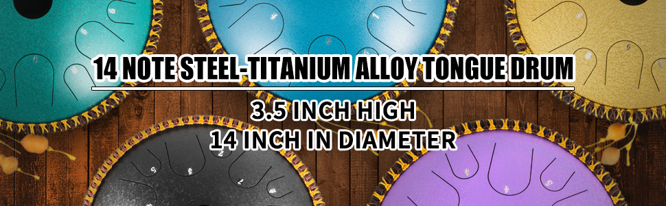 VEVOR tongue drum features 14 notes in steel-titanium alloy, 14-inch diameter.