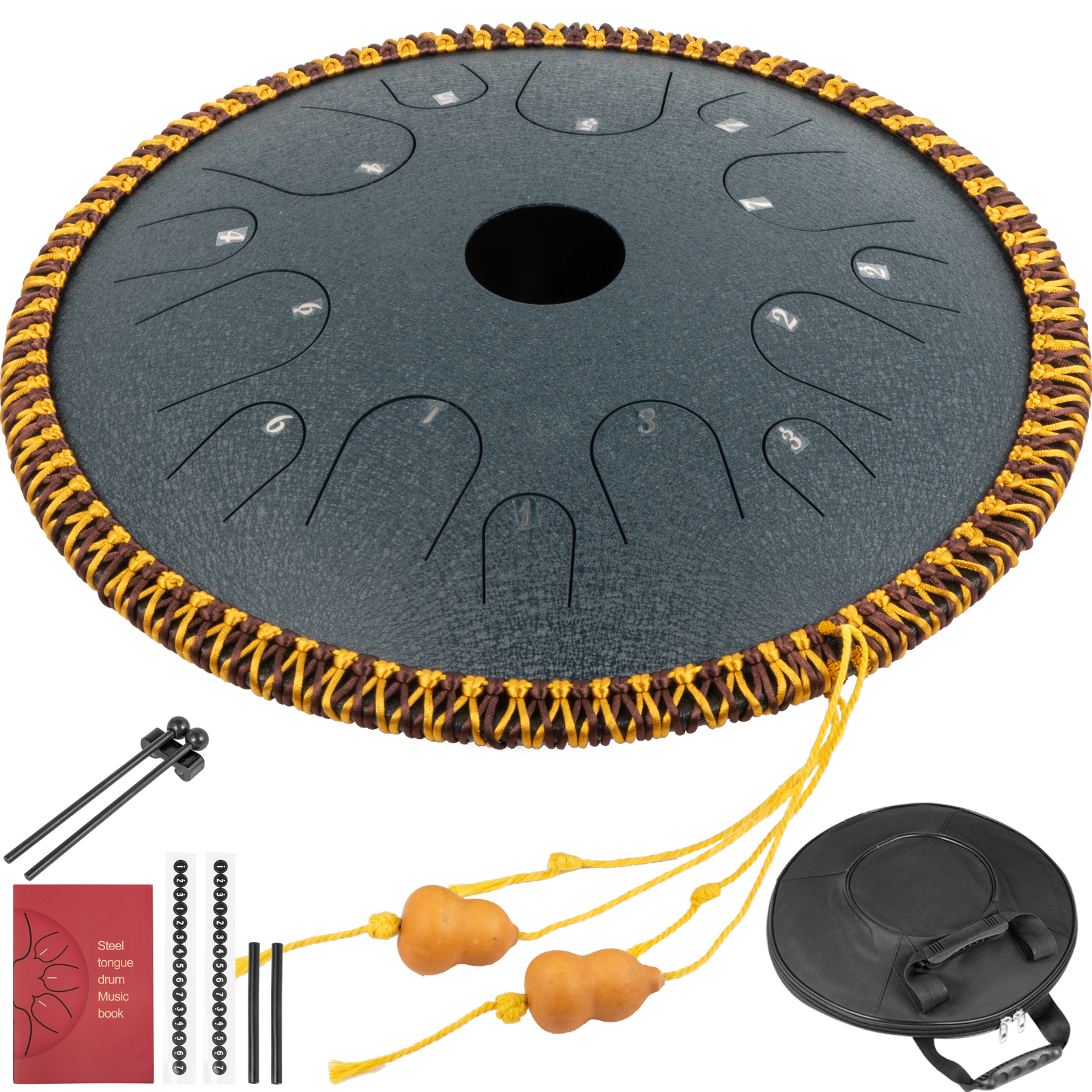 black VEVOR tongue drum with accessories including mallets, carrying case, and music book.