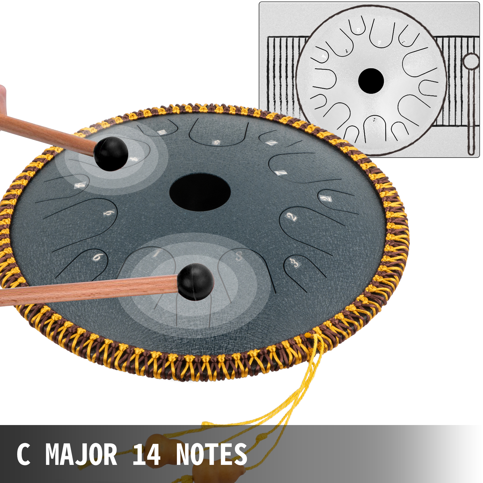 VEVOR tongue drum, c major 14 notes with wooden mallets and braided rim.
