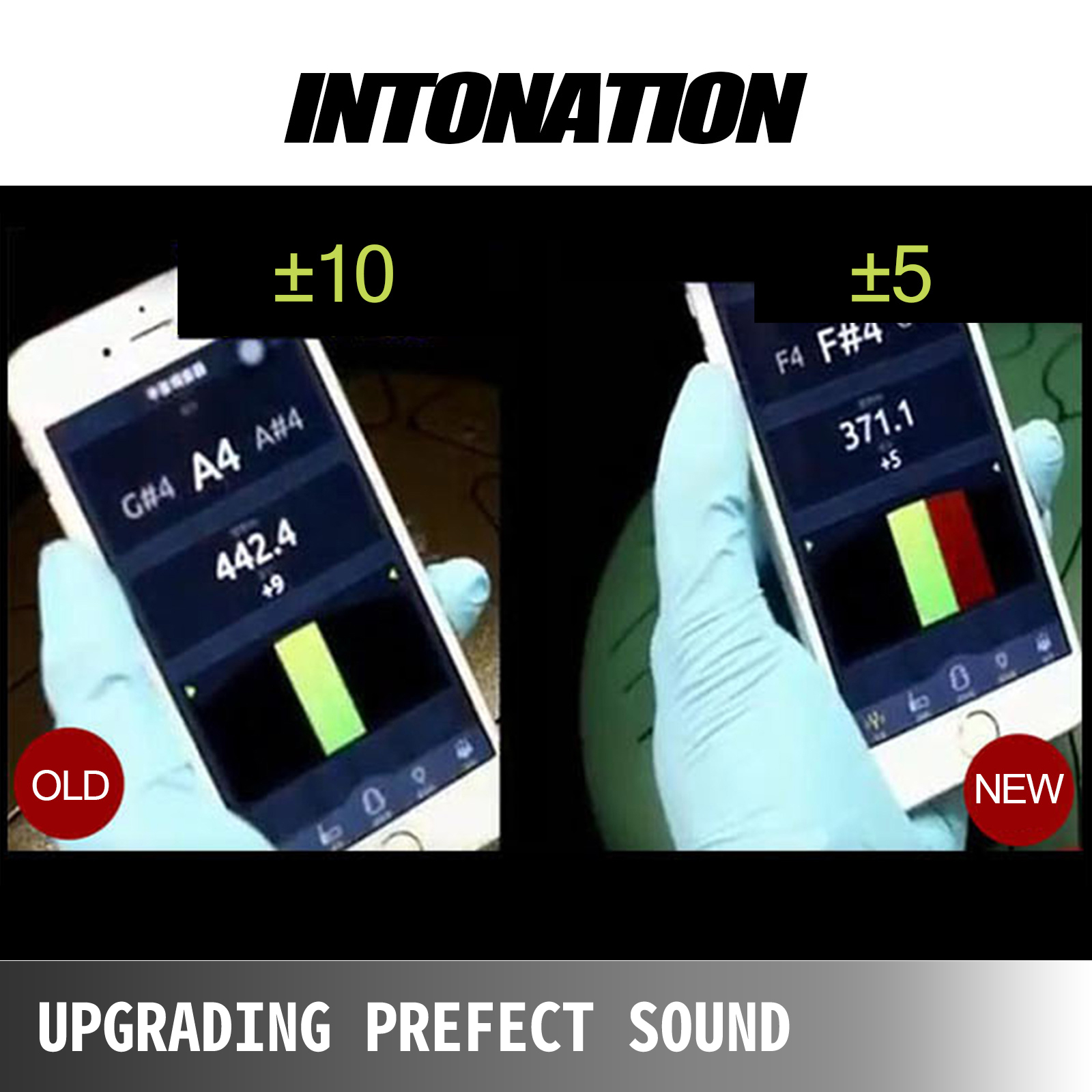 two smartphones with tuning apps comparing old and new VEVOR tongue drum intonation.