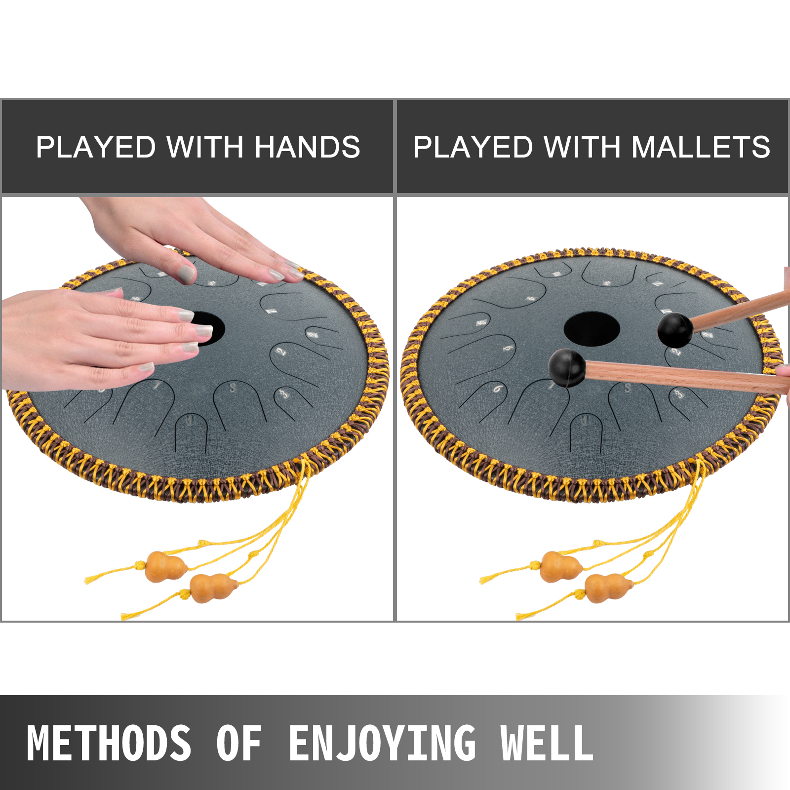 VEVOR tongue drum played with hands and mallets, showcasing dual play methods.