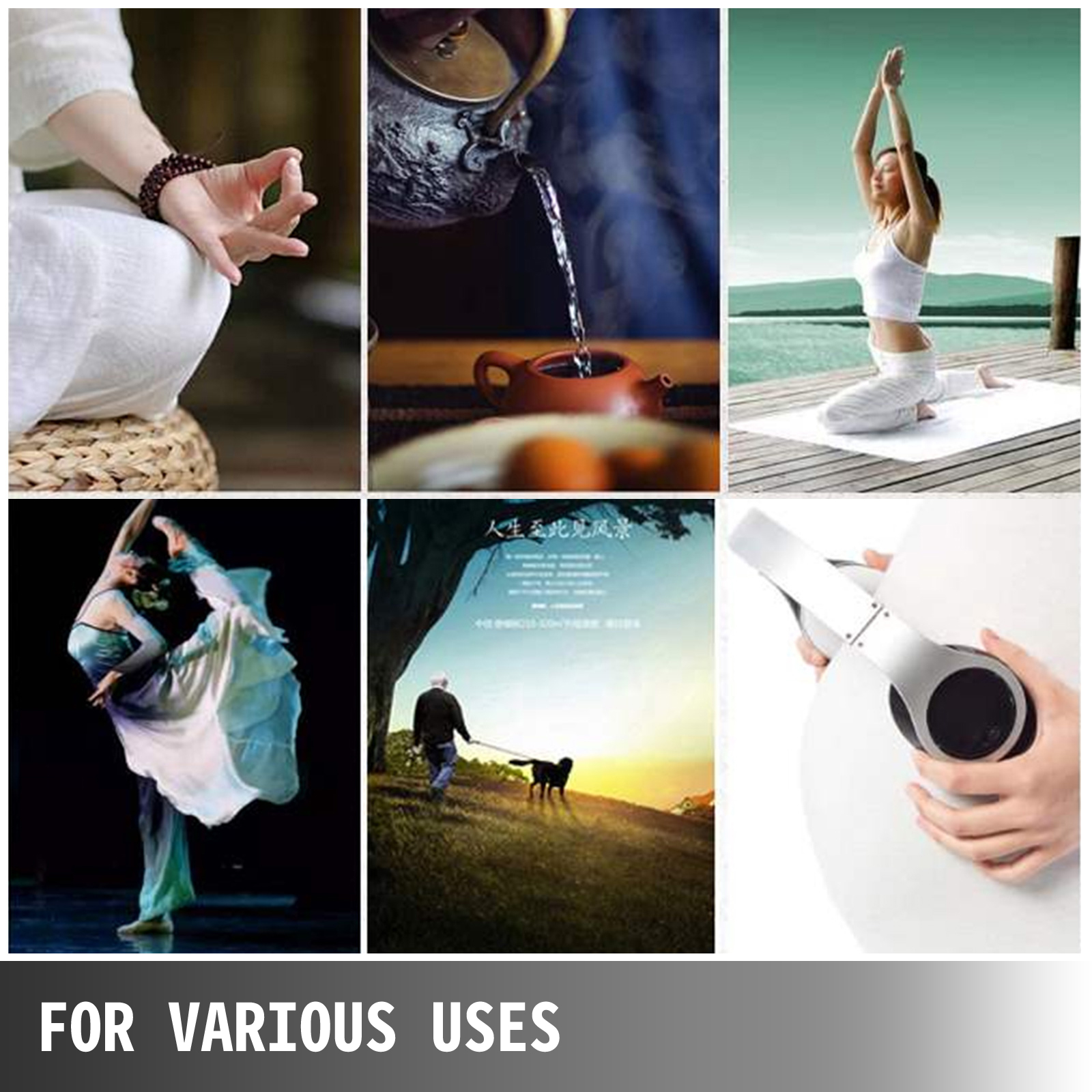 meditation, yoga, tea pouring, dancing, walking a dog, and using headphones. for various uses.