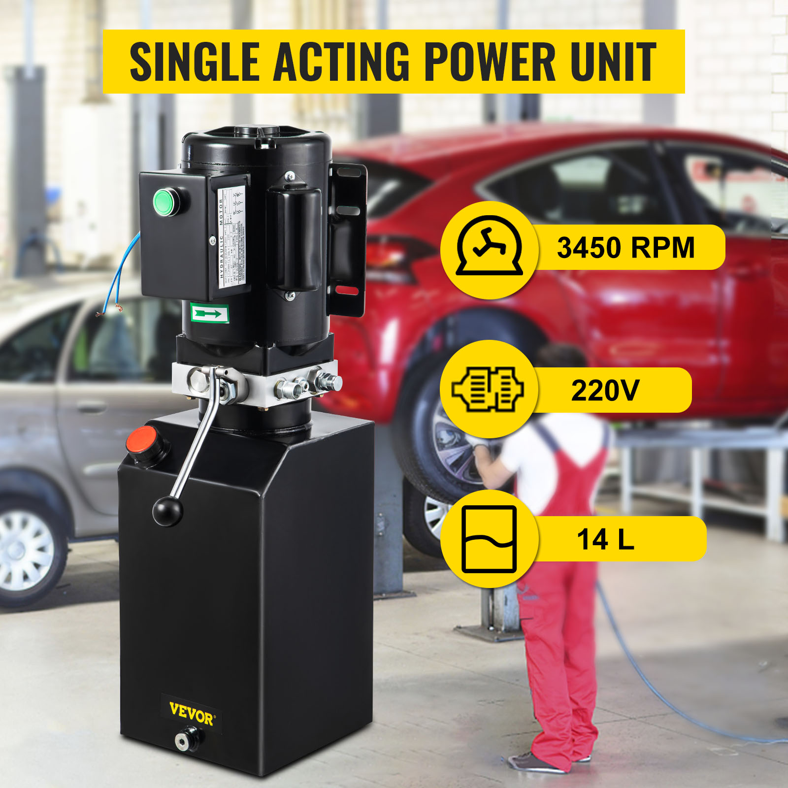 VEVOR hidrauliskais sūknis ar specifikācijām: 3450 apgr./min, 220v, 14l, izmantots autoservisā.
