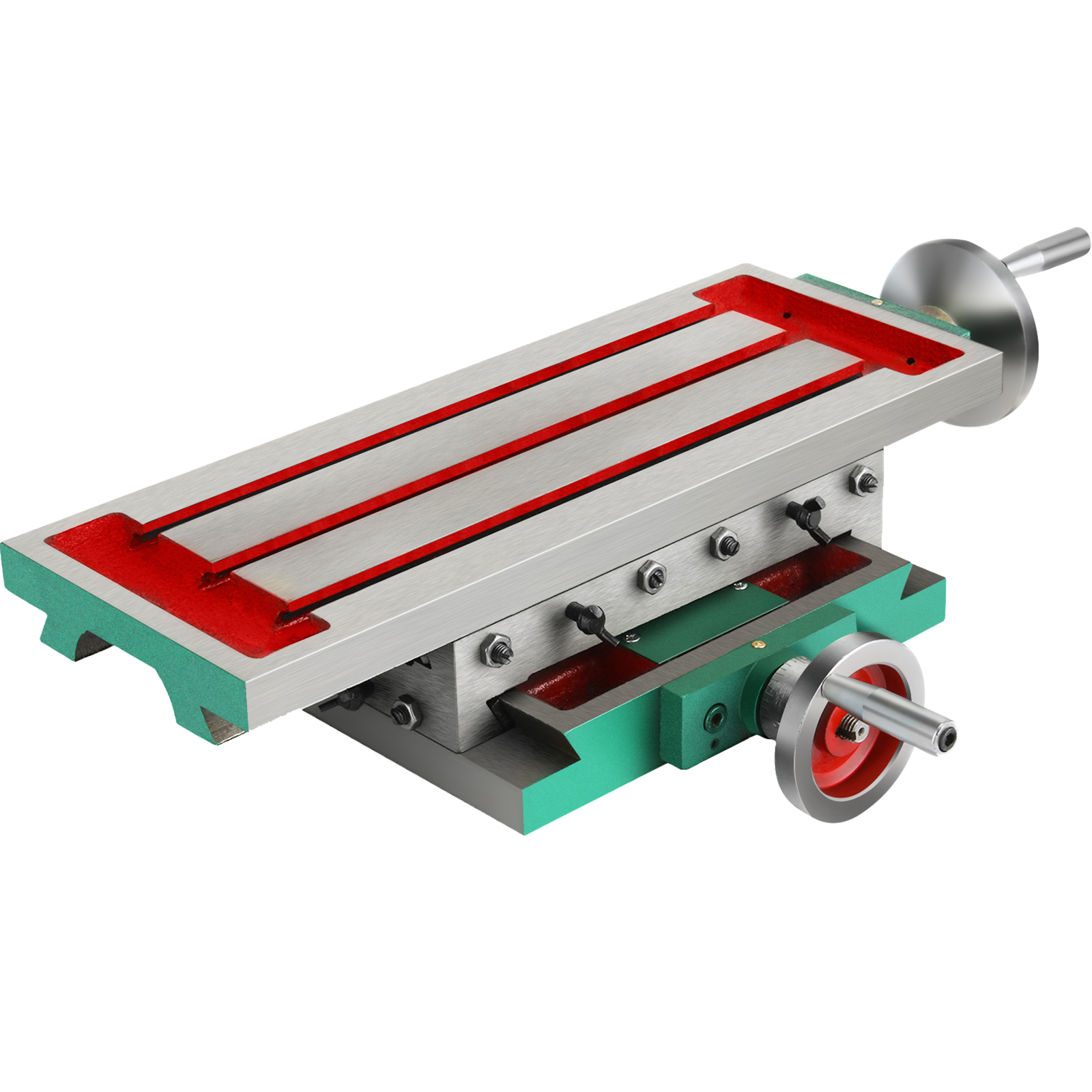 VEVOR milling machine table with green base and adjustment handles.