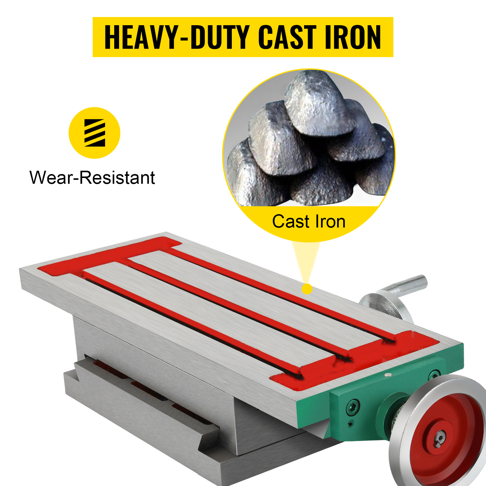 VEVOR milling machine table, heavy-duty cast iron, wear-resistant construction.