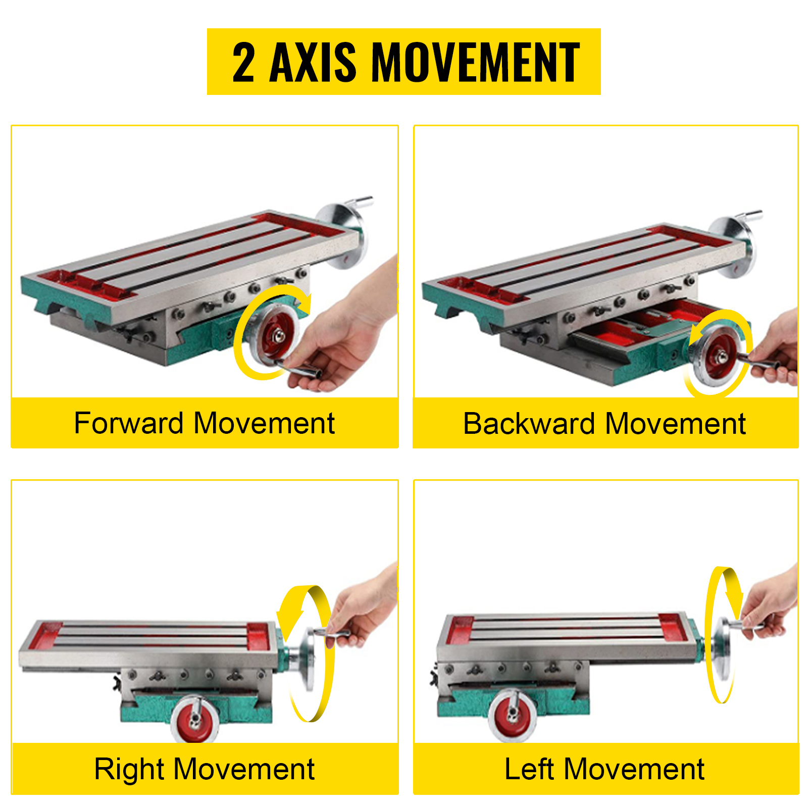 VEVOR milling machine table showcasing forward, backward, right, and left 2-axis movement.