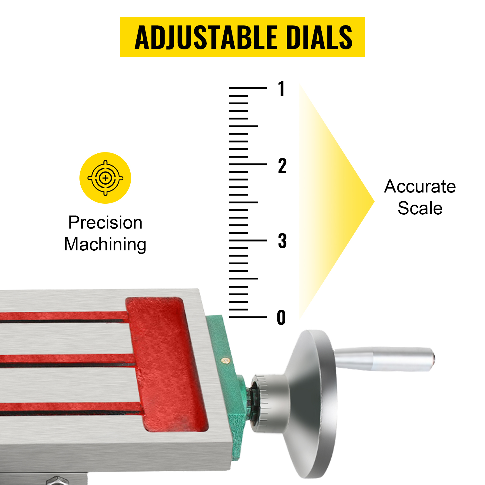 VEVOR milling machine table with adjustable dials, accurate scale, and precision machining.