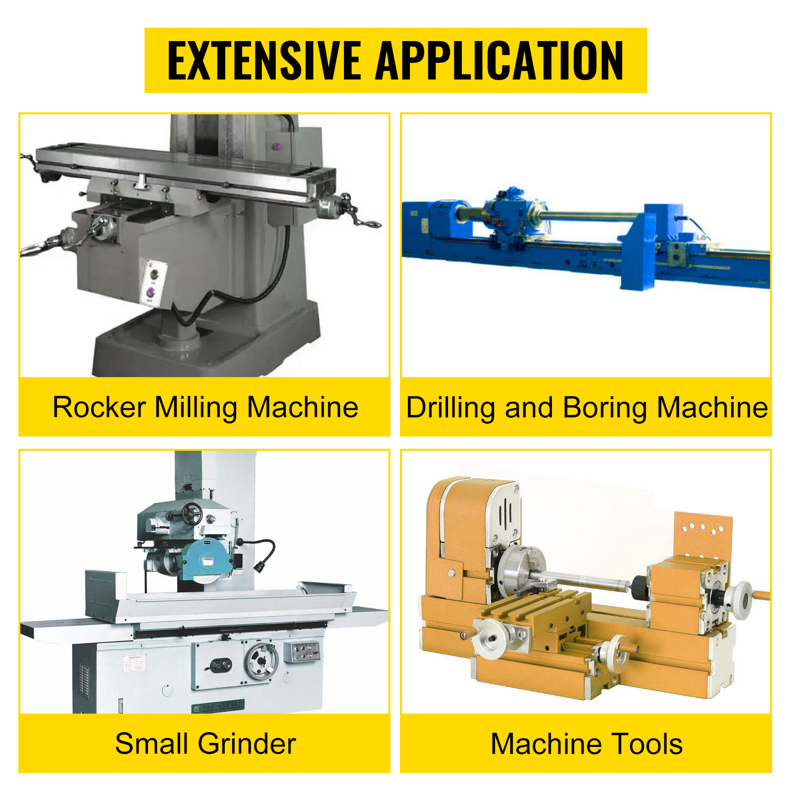 extensive application showcasing rocker milling machine, drilling and boring machine, small grinder, and machine tools.