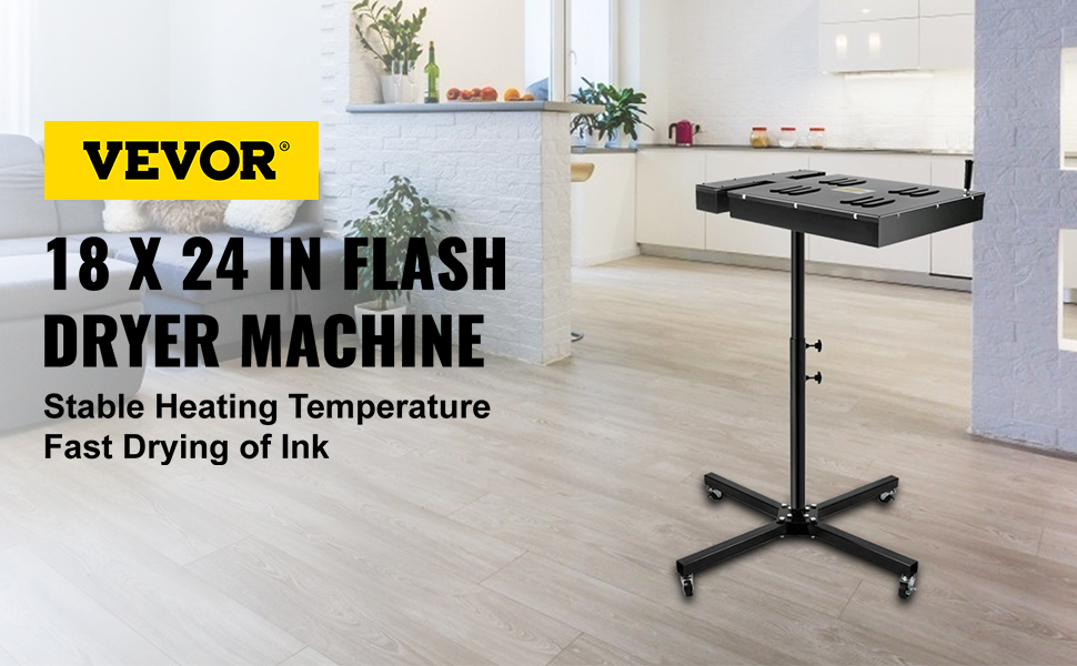 VEVOR flash dryer in modern room with sofa, plants, and kitchen in the background.