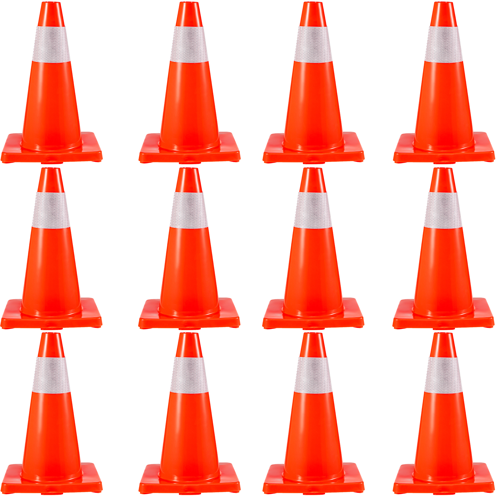 12 orange VEVOR traffic cones with reflective bands arranged in three rows.