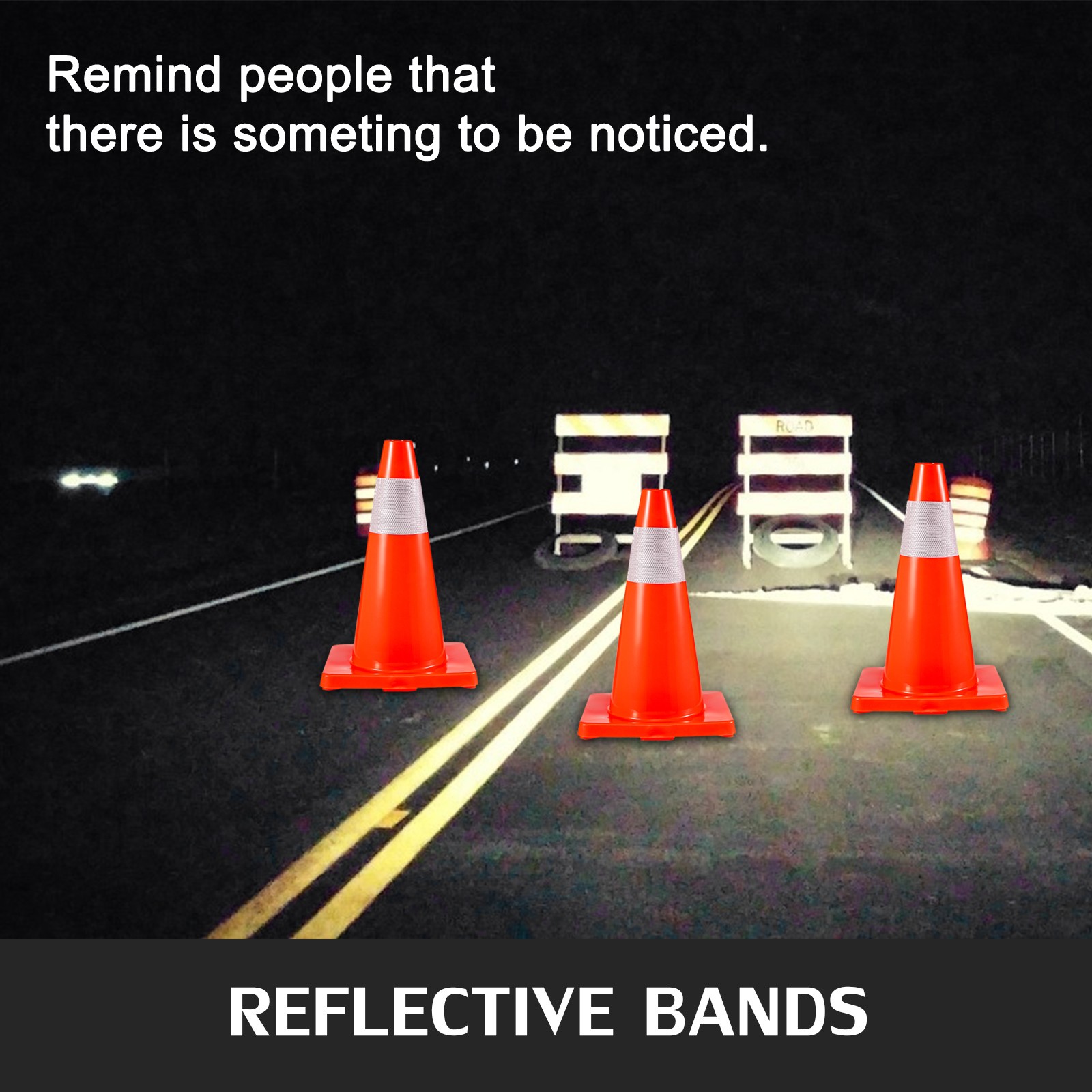 VEVOR traffic cones with reflective bands on a dimly lit road to warn drivers.