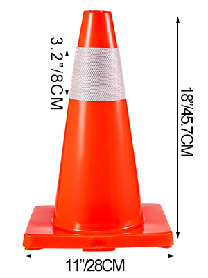 VEVOR traffic cones, 18" tall, with reflective collar, dimensions labeled.