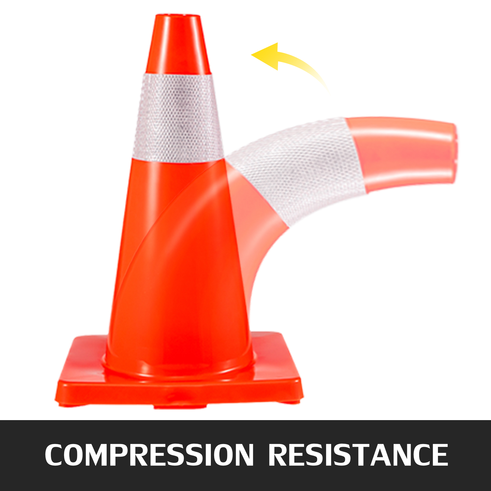 VEVOR traffic cones demonstrating compression resistance with a bent cone illustration.