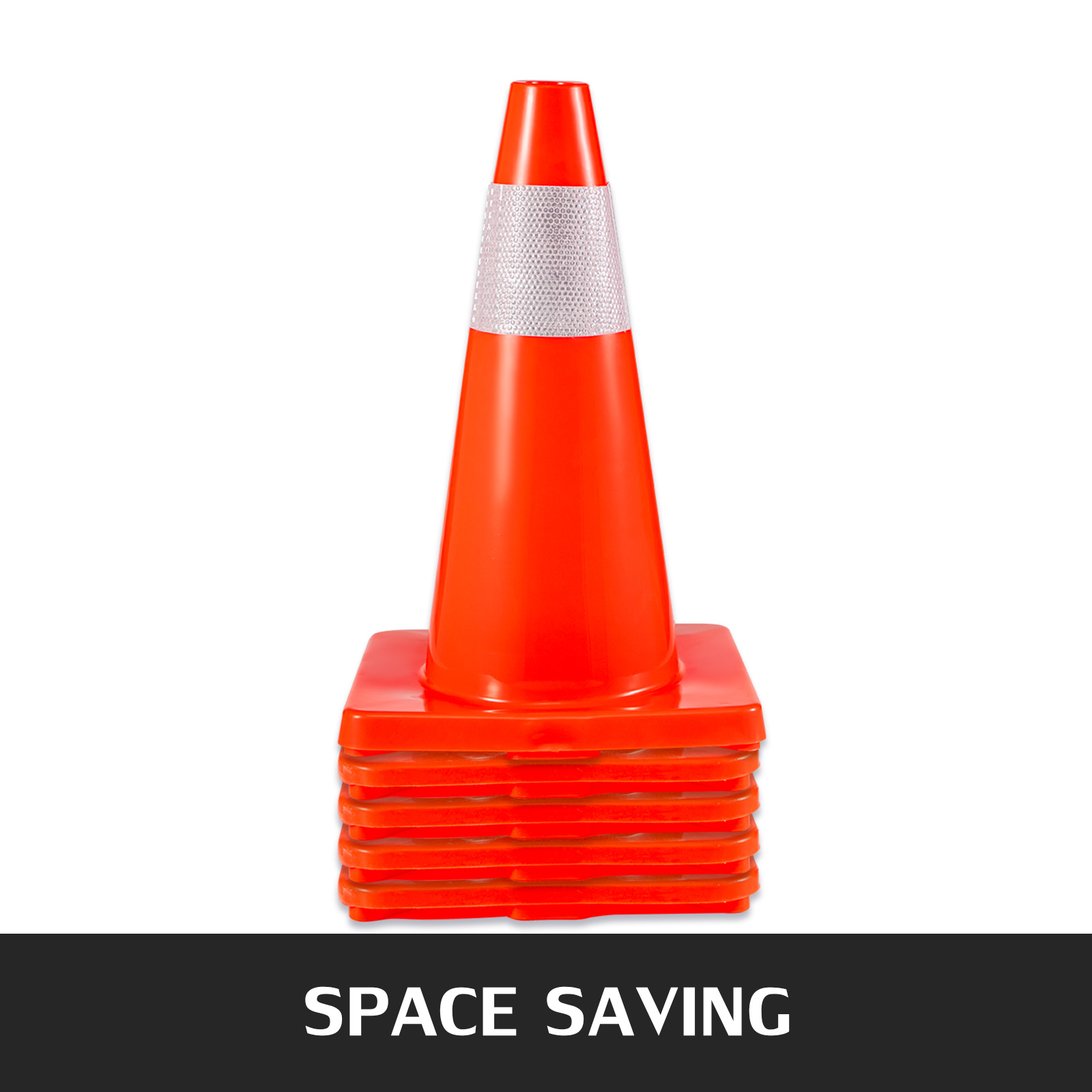 stacked VEVOR traffic cones with reflective stripe and space-saving design.