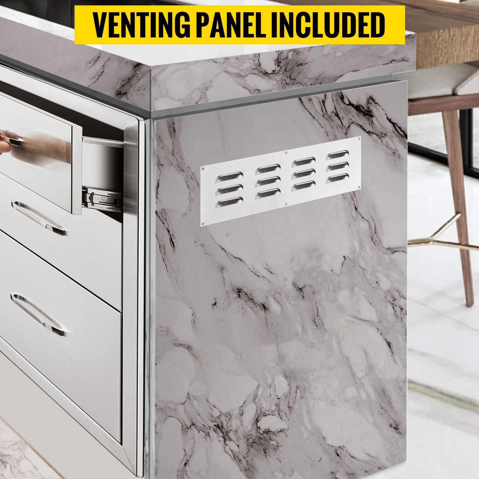 nerūsējošā tērauda VEVOR BBQ atvilktnes ar ventilācijas paneli marmora countertop.