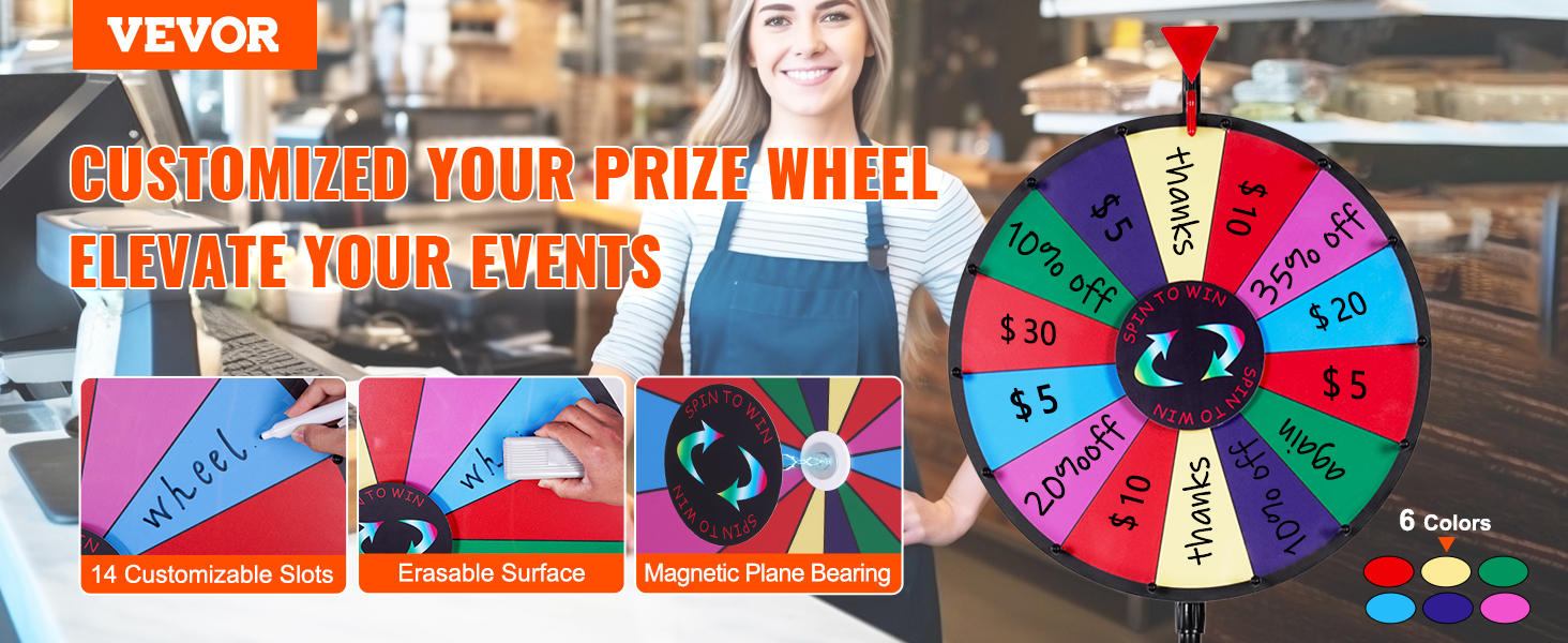 VEVOR spinning prize wheel with 14 customizable slots, erasable surface, and magnetic plane bearing.