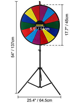 VEVOR spinning prize wheel with rainbow-colored sections on adjustable tripod stand, labeled dimensions.