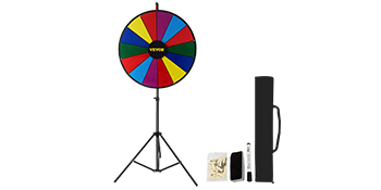 multicolored VEVOR spinning prize wheel with stand, marker set, and carrying case.