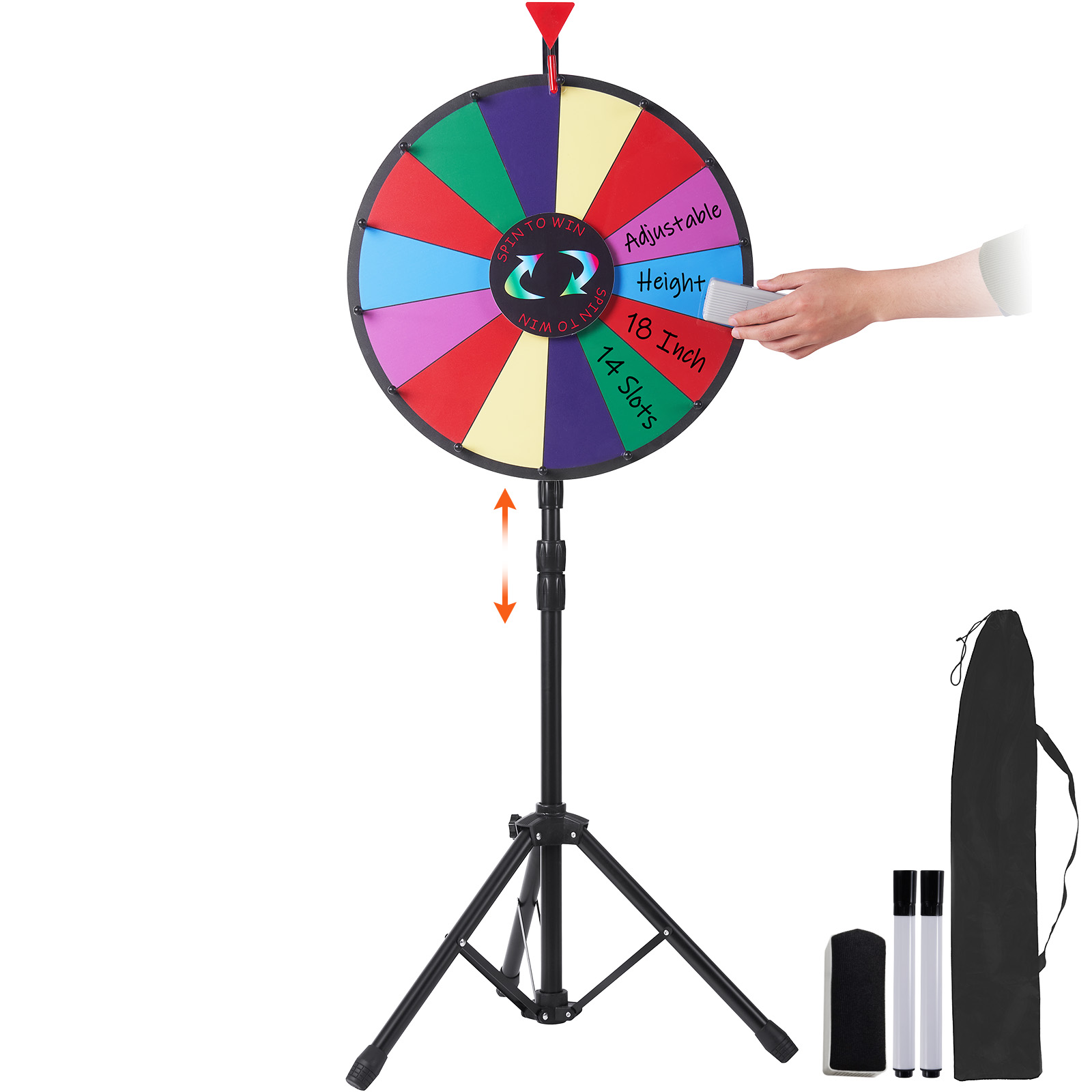 VEVOR spinning prize wheel, adjustable height, 18-inch size, with 14 slots, tripod stand, accessories included.