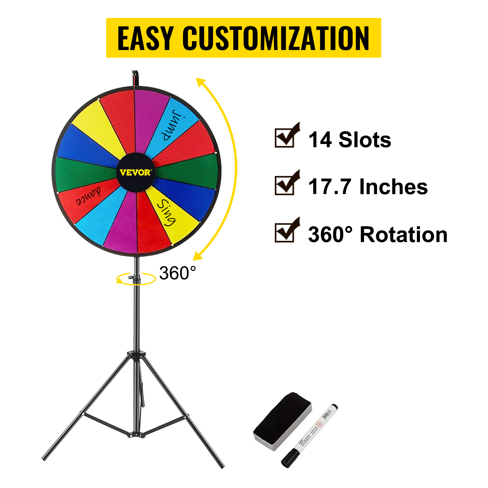 VEVOR spinning prize wheel with 14 colorful slots, 17.7 inches diameter, 360° rotation, marker, and eraser.