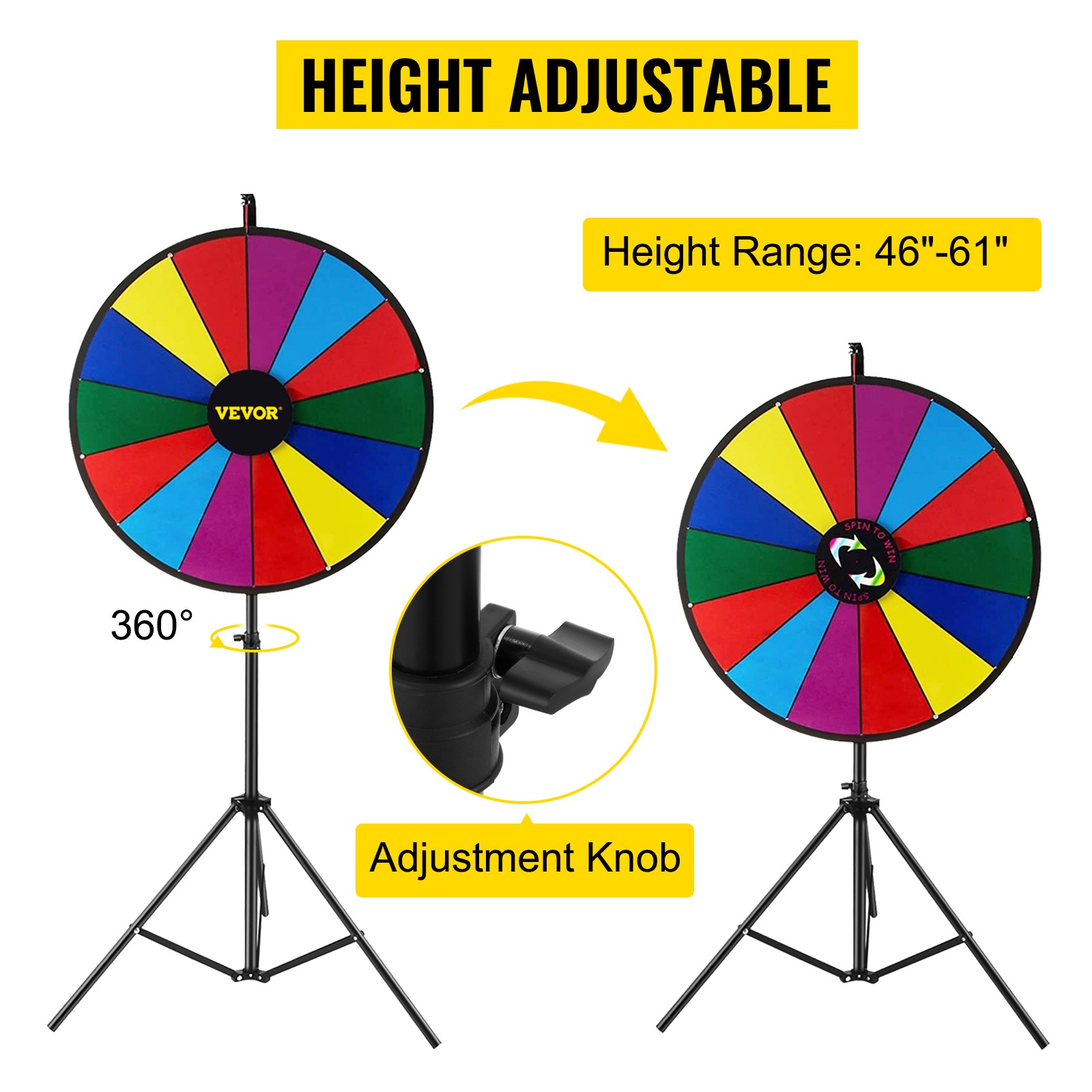 VEVOR spinning prize wheel, height adjustable, colorful sections, shows 360-degree rotation and adjustment knob.