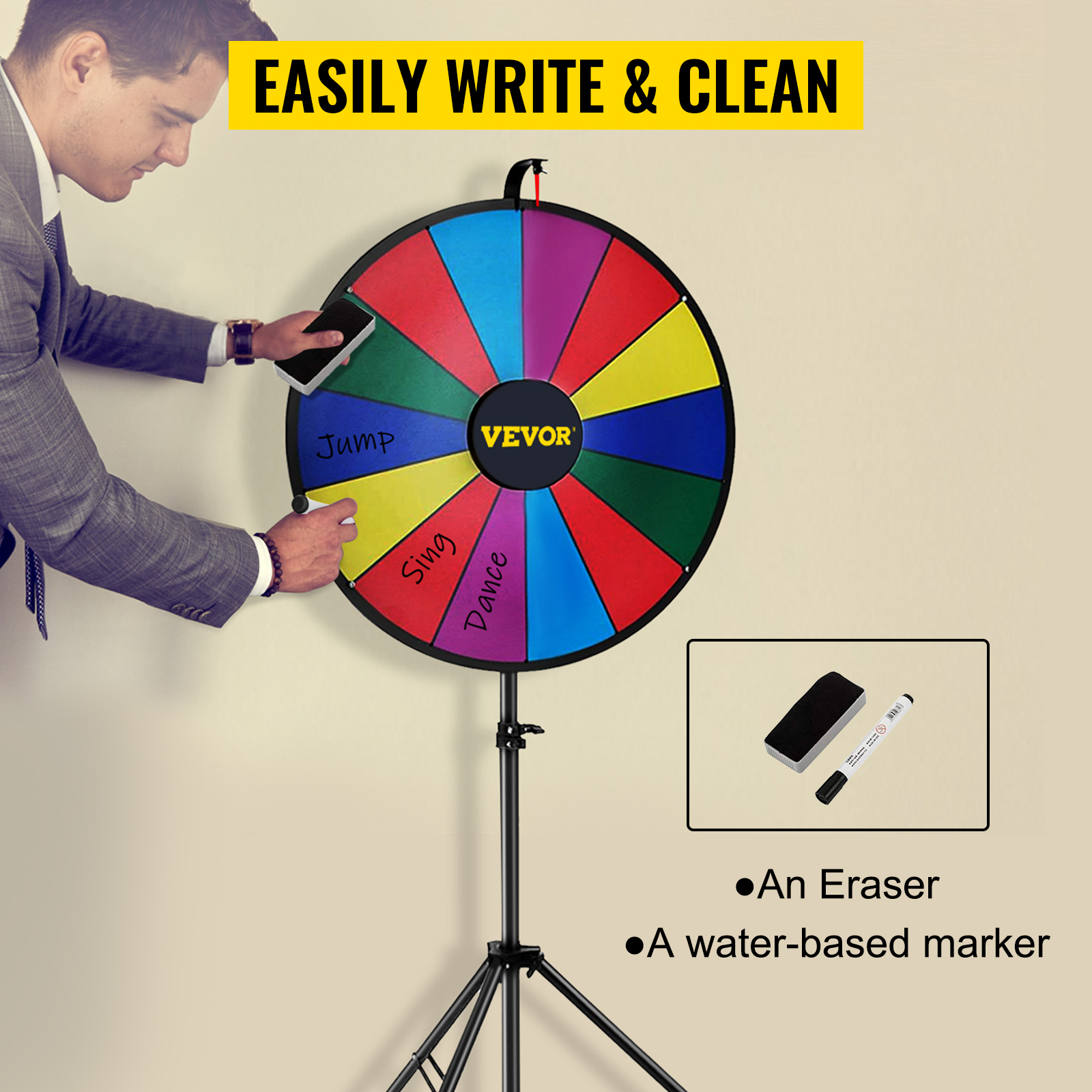 person writing on a VEVOR spinning prize wheel with included eraser and marker, text reads "easily write & clean".