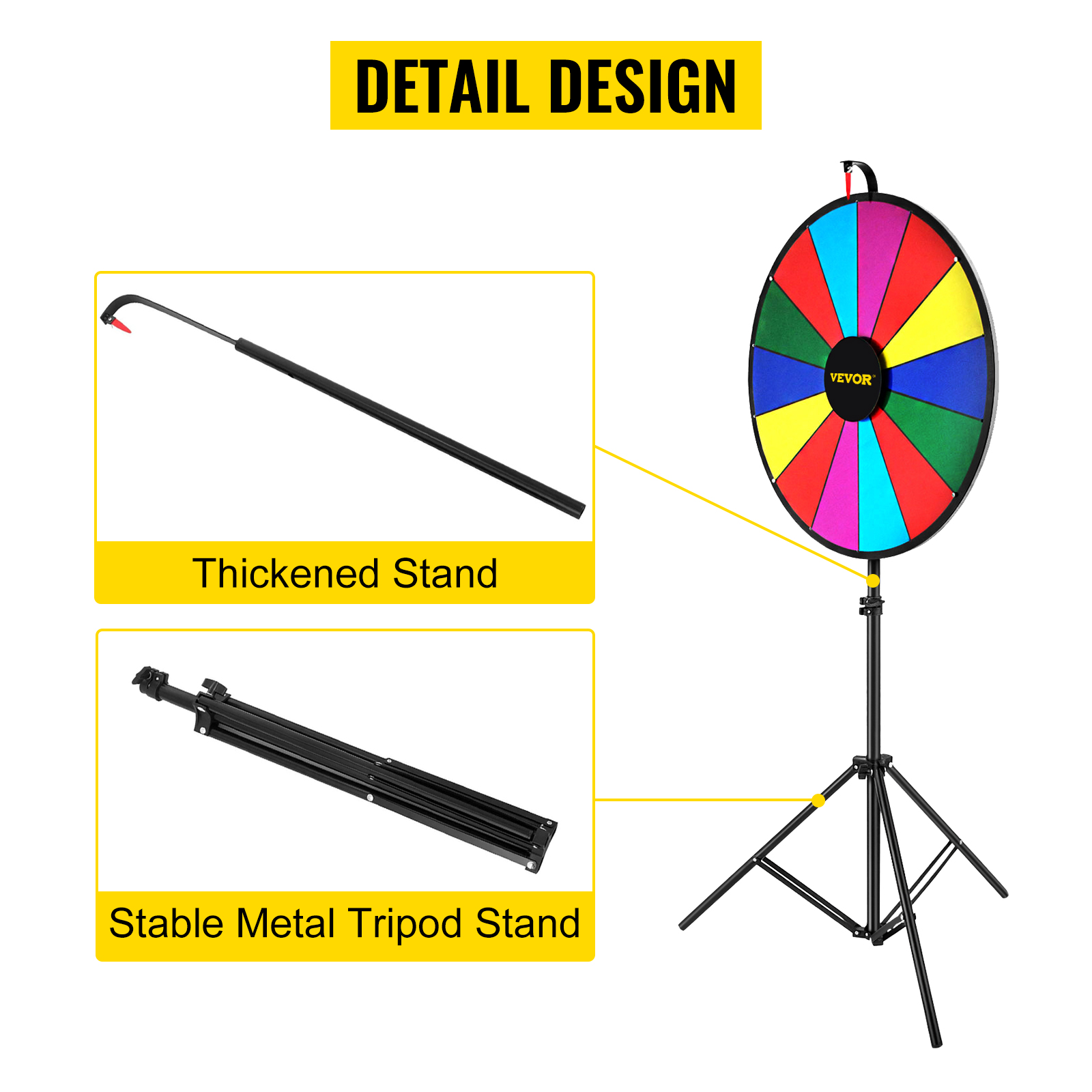 VEVOR spinning prize wheel with thickened stand and stable metal tripod stand for detail design.