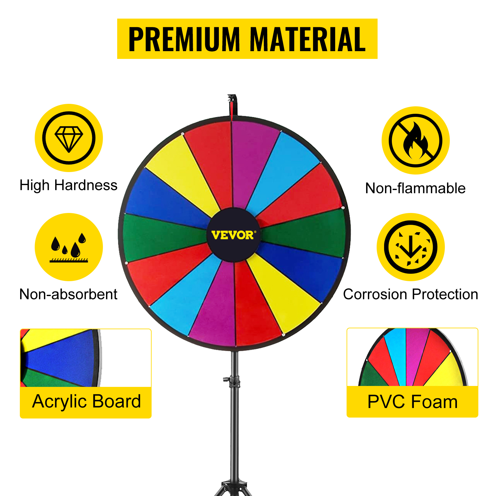 VEVOR spinning prize wheel with acrylic board and pvc foam, highlighting premium material benefits.