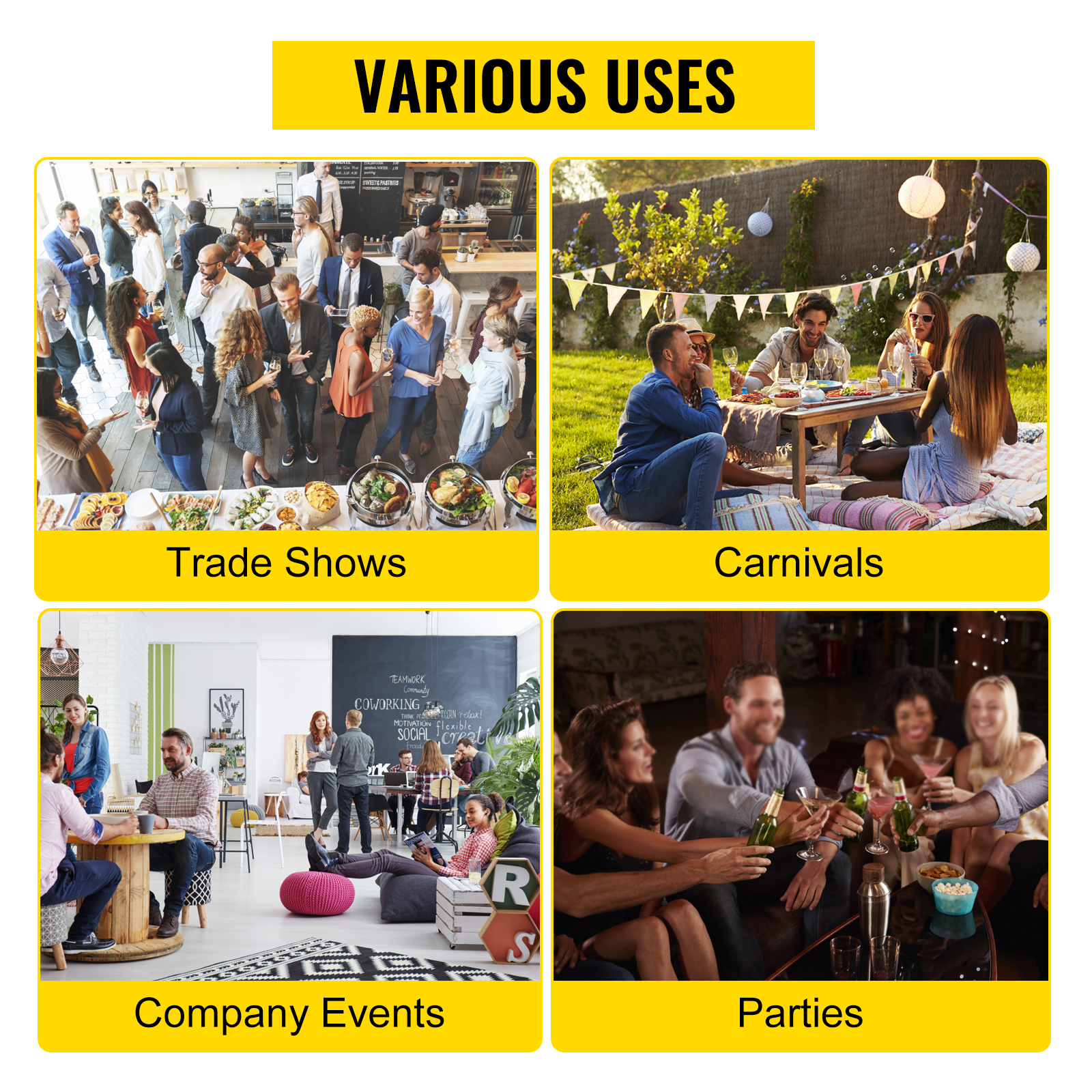 various uses for events including trade shows, carnivals, company events, and parties with VEVOR spinning prize wheel.