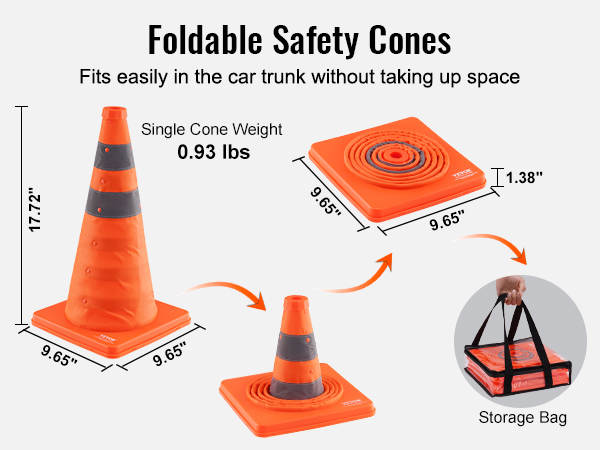 VEVOR safety cones: foldable, lightweight, fits in car trunks, 17.72" high, orange with gray stripes, storage bag included.