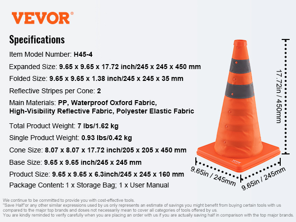 VEVOR safety cones with reflective stripes, folded and expanded views, dimensions, and material specs.