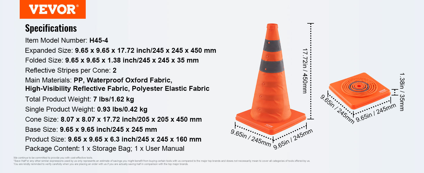 VEVOR safety cones with reflective stripes, folded and expanded views, dimensions, and material specs.
