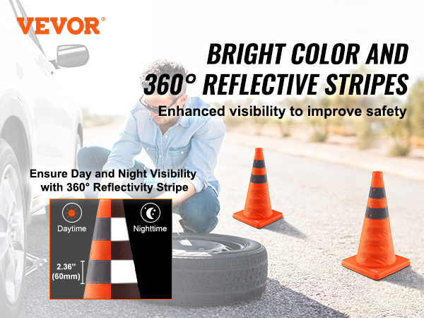 VEVOR safety cones with bright color and 360° reflective stripes for enhanced day and night visibility.