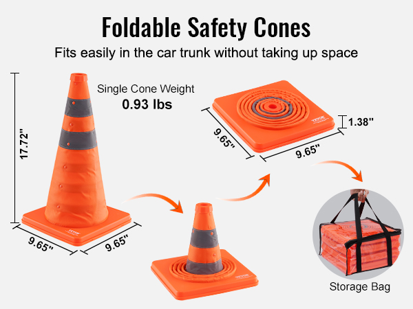foldable VEVOR safety cones: 17.72"x9.65", compact, lightweight, easy to store in trunk or carry bag.