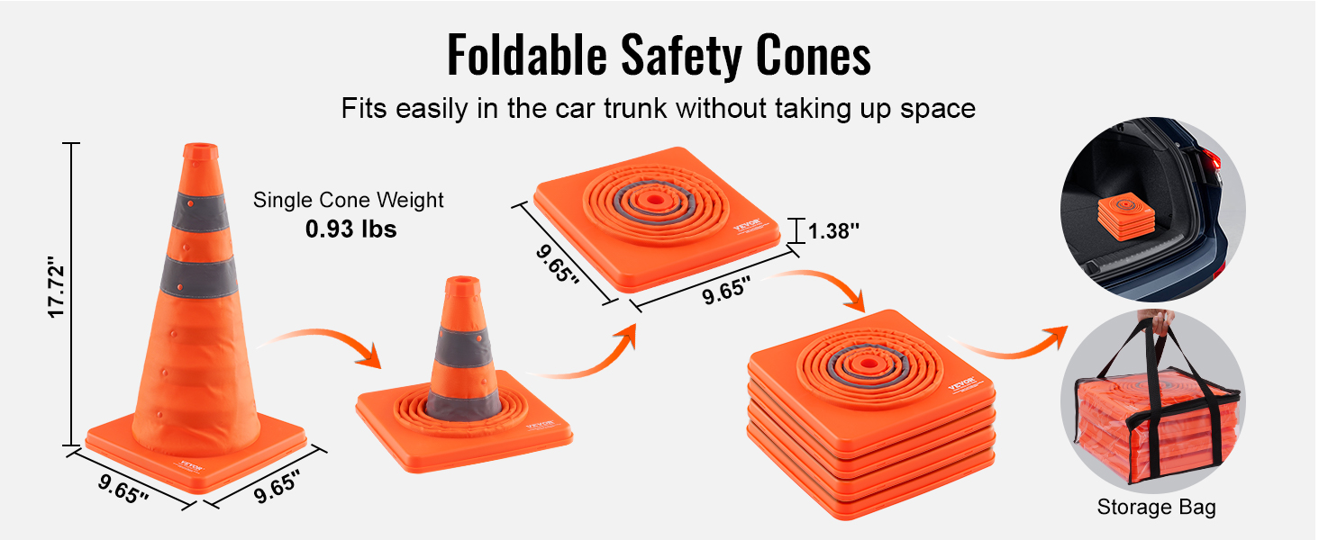 foldable VEVOR safety cones: 17.72"x9.65", compact, lightweight, easy to store in trunk or carry bag.