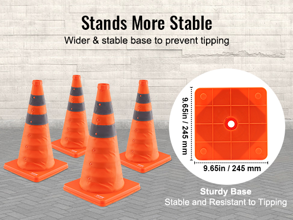 VEVOR safety cones with wider base for stability, displayed on a pavement background with measurements.